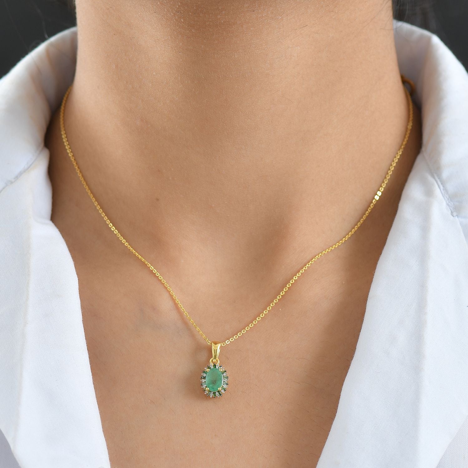D'Joy Kagem Sambischer Smaragd, Weißer Zirkon Schmuckset ca. 50 cm 925 Silber 750 Gelbgold Vermeil ca. 0.91 ct