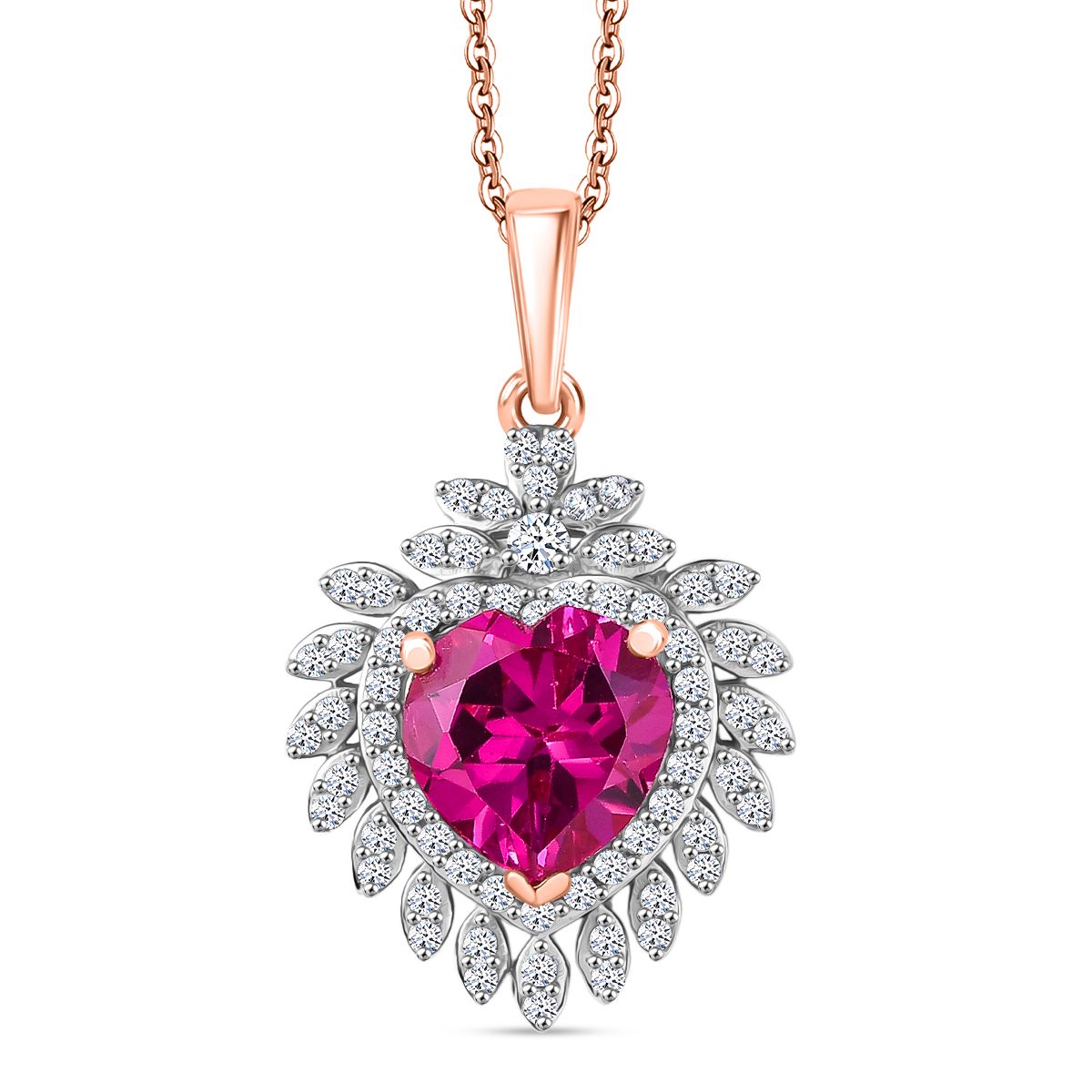 Luxuriant - AAA Lab Grown Rosa Saphir, Weißer Zirkon Anhänger mit Kette, ca. 50 cm 925 Silber 750 Roségold Vermeil ca. 3.25 ct