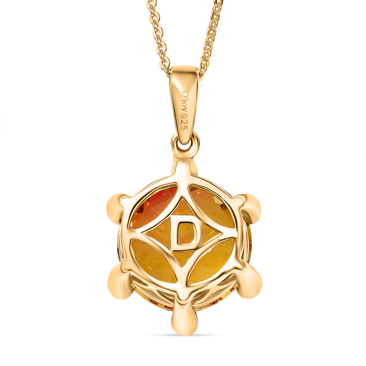 D'Joy - Sonnenfeuer-Design Sphaleros Quarz, Weißer Zirkon Anhänger mit Kette, ca. 50 cm 925 Silber 750 Gelbgold Vermeil ca. 5.48 ct