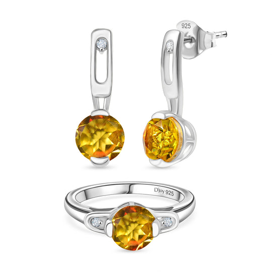 2er Set - D'Joy Sphaleros Quarz-Triplette, Weißer Zirkon Ring und Ohrringe, 925 Silber 750 Gelb Vergoldet (Größe 19.00) ca. 4.62 ct