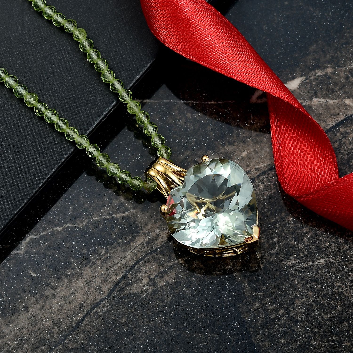 D'Joy AA Prasiolith, Natürlicher Peridot Anhänger mit Kette, ca. 50 cm 925 Silber 750 Gelbgold Vermeil ca. 59.59 ct