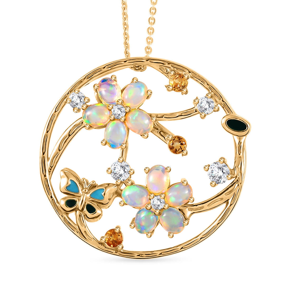 GP Italienische Garten Kollektion - AA Natürlicher, äthiopischer Welo Opal, Citrin, Kanchanaburi Blauer Saphir Schmuckset ca. 50 cm 925 Silber 750 Gelbgold Vermeil ca. 1.85 ct