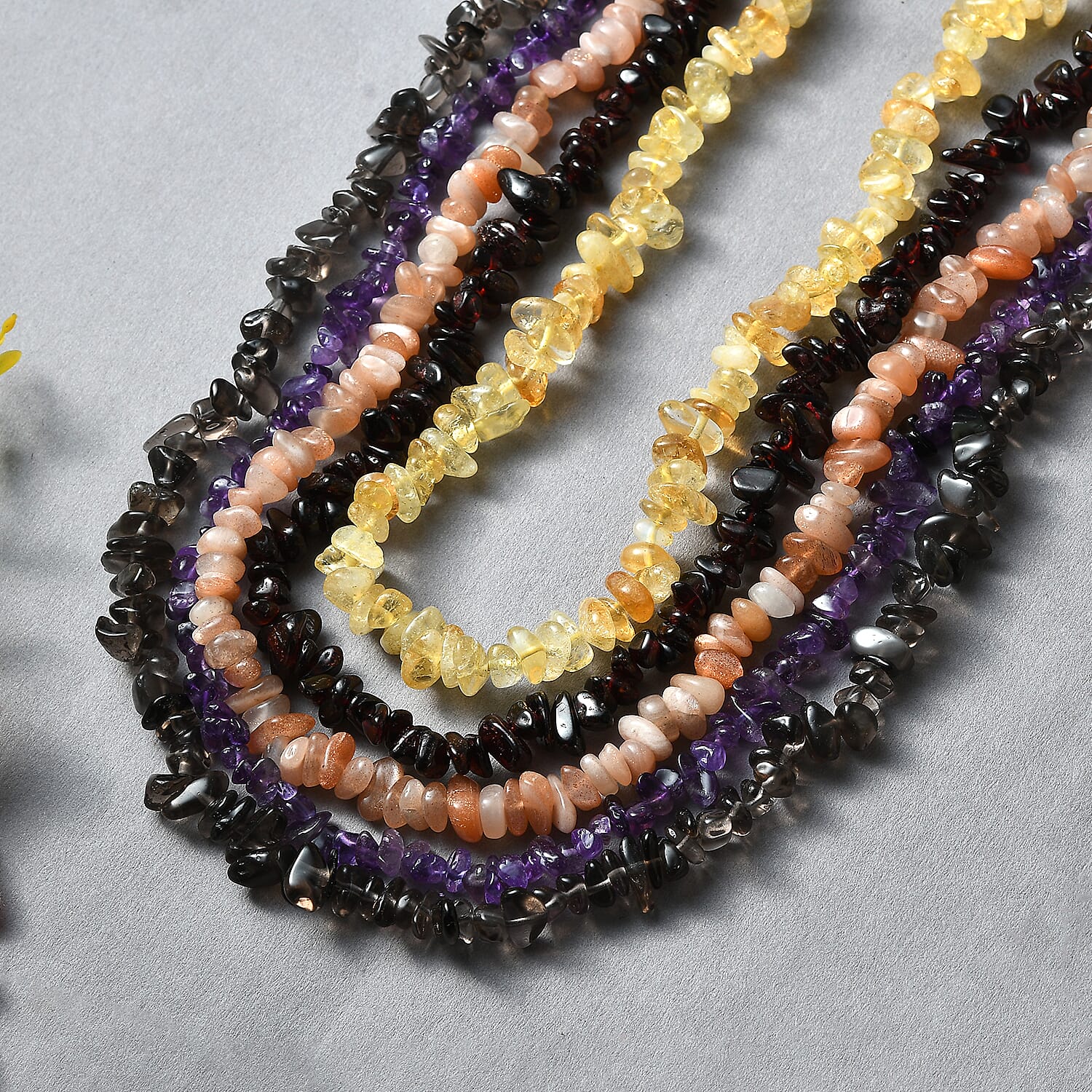 5er set - Multi-Edelstein Halsketten 76 cm mit Amethyst, Granat, Citrin, Sonnenstein ca. 1352.00 ct
