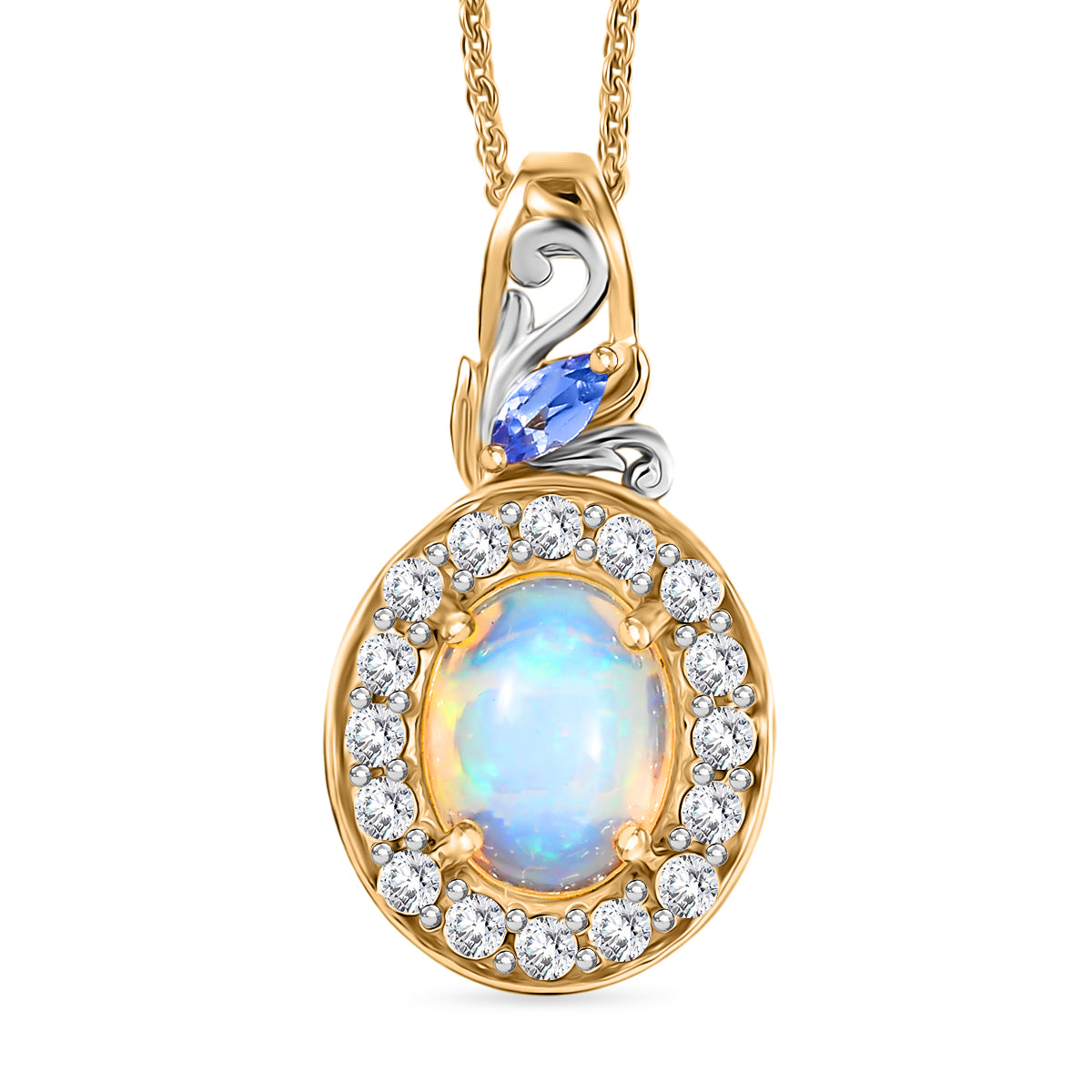 D'Joy Natürlicher, äthiopischer Welo Opal, Tansanit Schmuckset ca. 50 cm 925 Silber vergoldet ca. 2.17 ct