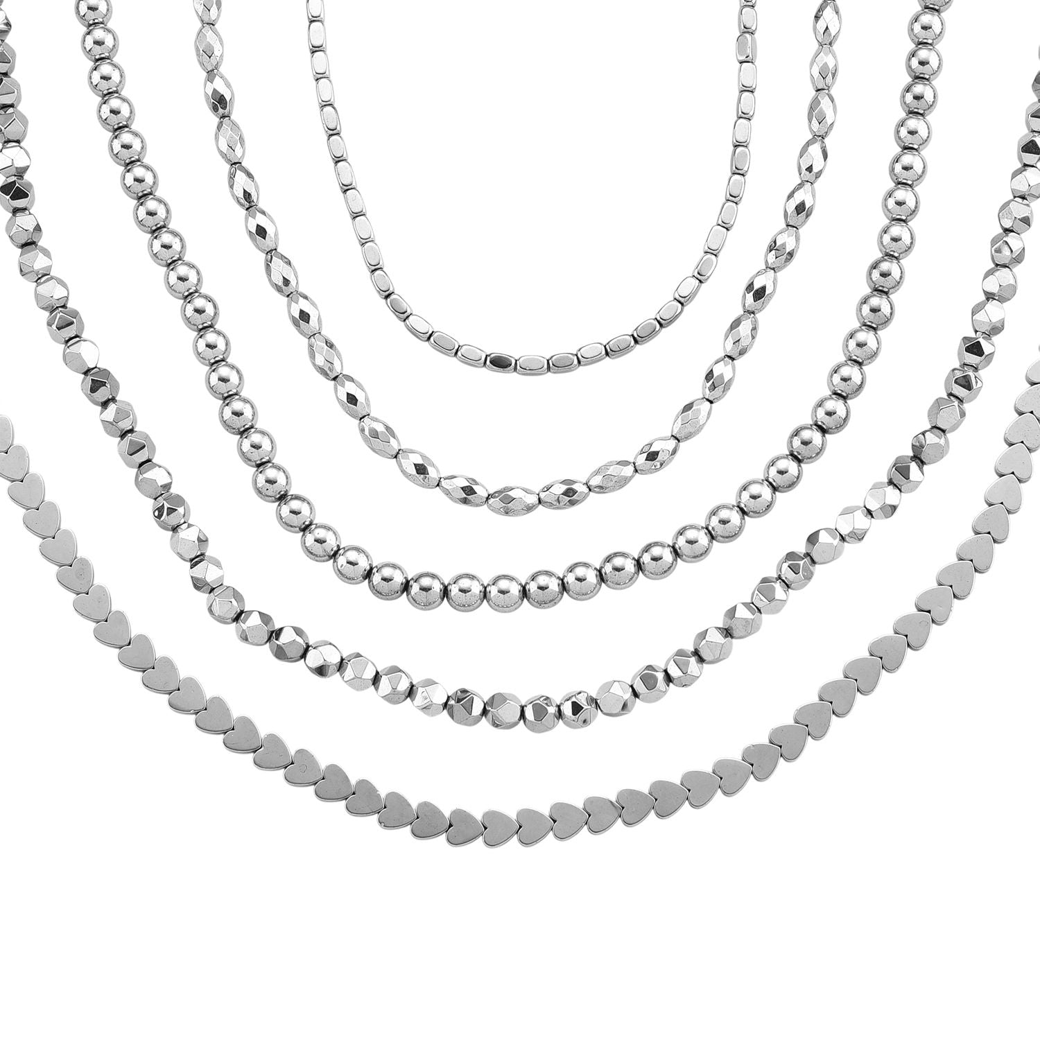 5er Set Hämatit Halsketten Herz Kugel Facettiert Gedreht ca 50 cm + 5 cm Extender, Silberfarben, ca. 724.00 ct