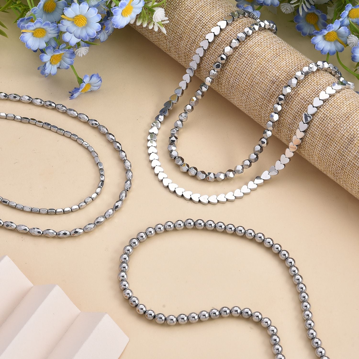 5er Set Hämatit Halsketten Herz Kugel Facettiert Gedreht ca 50 cm + 5 cm Extender, Silberfarben, ca. 724.00 ct