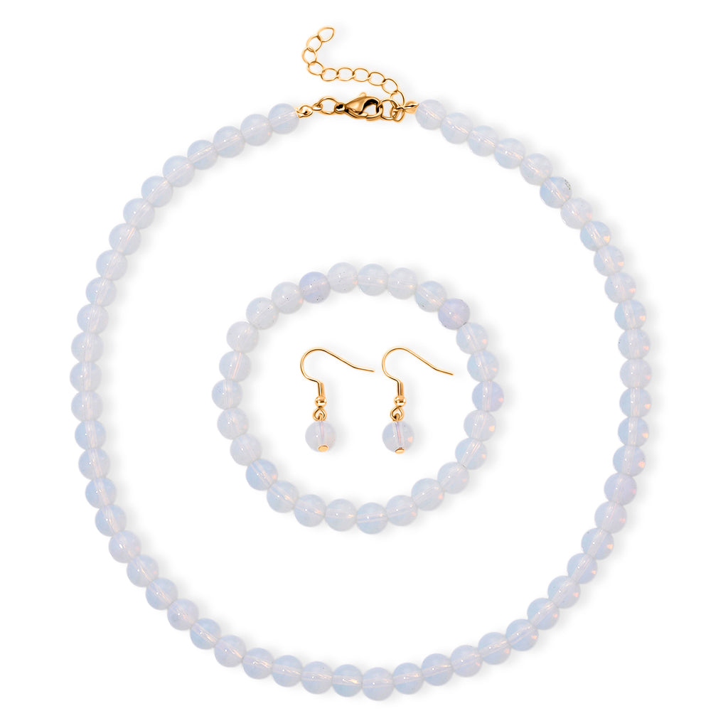 3er Set - Opalite Halskette, Armband und Ohrringe, 316L Edelstahl, Goldfarben, ca. 323.50 ct