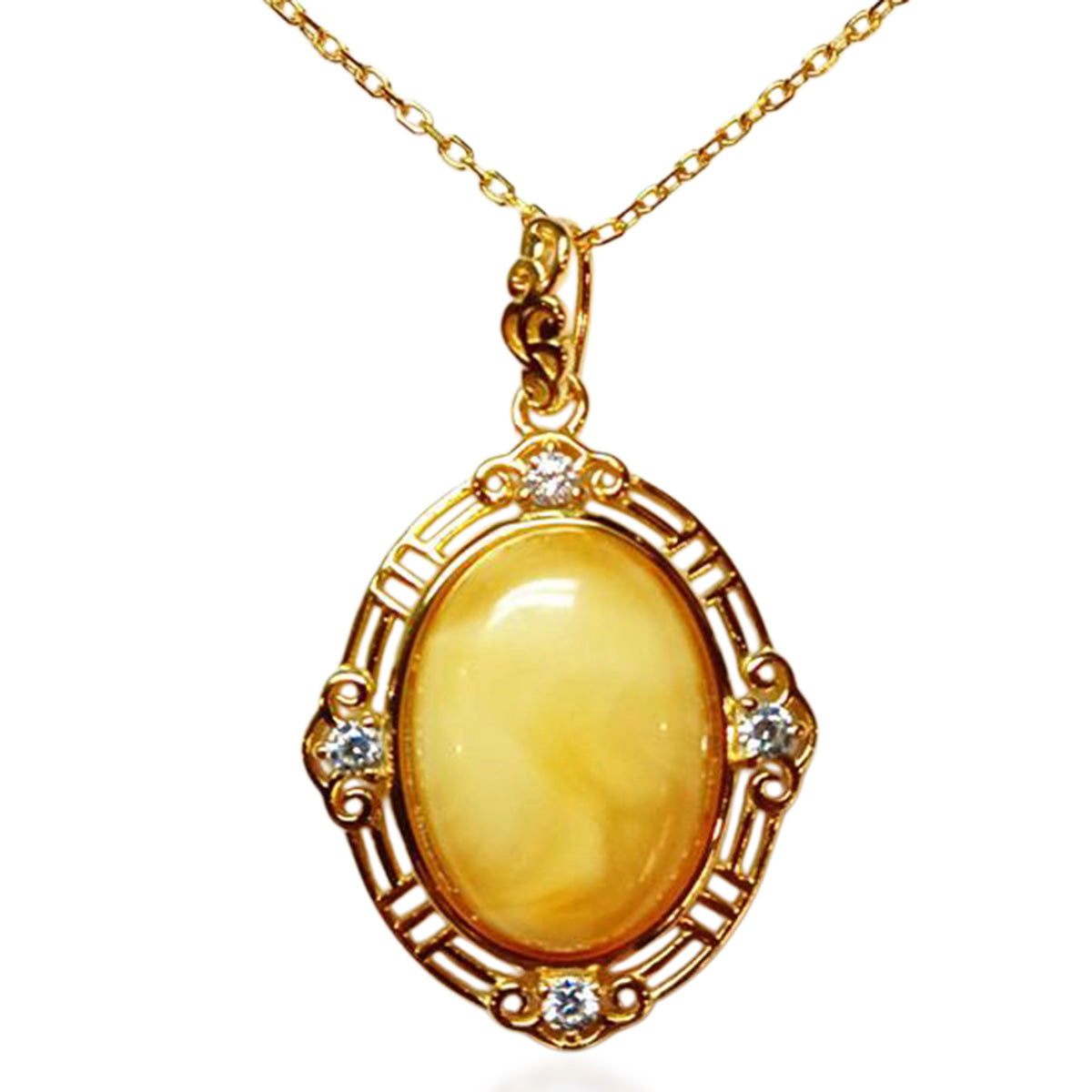 Natürlicher Baltischer Butterscotch-Bernstein, Zirkonia Anhänger mit Kette ca. 43 cm, 925 Silber vergoldet