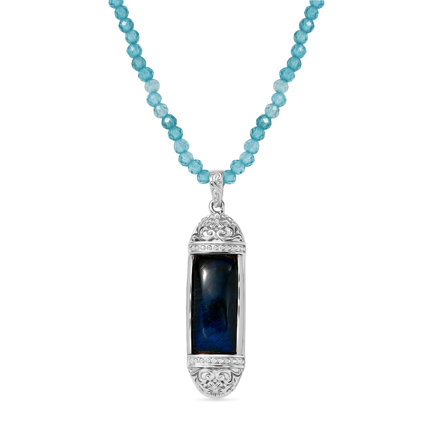 D'Joy AAA Labradorit Anhänger mit Apatit Kette, ca. 45 cm 925 Silber rhodiniert ca. 46.98 ct