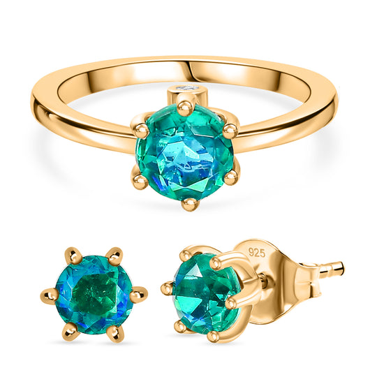 2er Set - D'Joy Pfau Quarz Triplette Ring und Ohrringe, 925 Silber 750 Gelb Vergoldet (Größe 18.00) ca. 2.93 ct