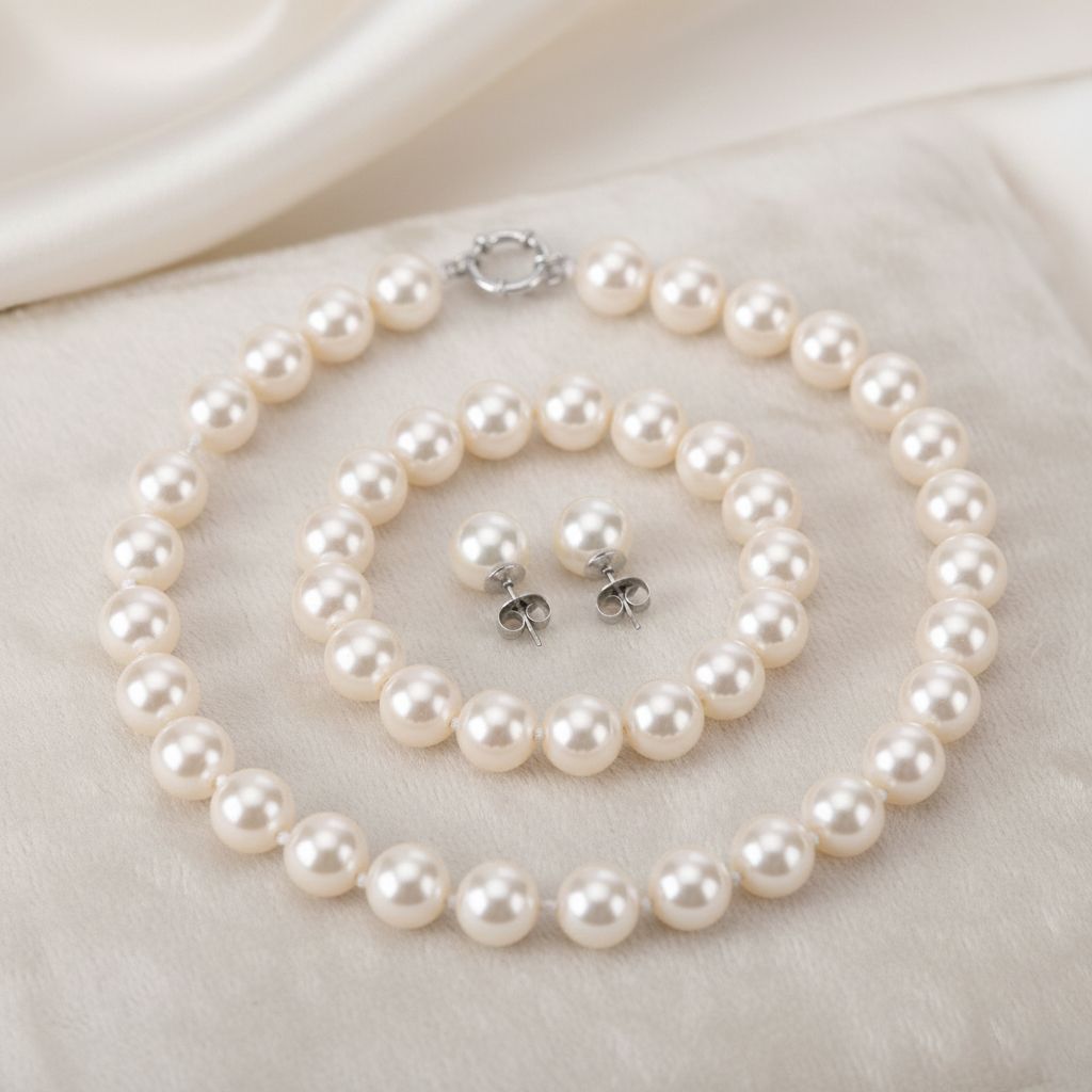 3er Set - Weiße Muschelkernperle (13-15 mm) Halskette ca. 50 cm, Armband-verstellbar, und Ohrringe Schmuckset, 316L Edelstahl