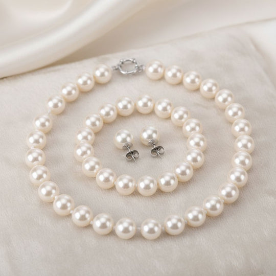 3er Set - Weiße Muschelkernperle (13-15 mm) Halskette ca. 50 cm, Armband-verstellbar, und Ohrringe Schmuckset, 316L Edelstahl