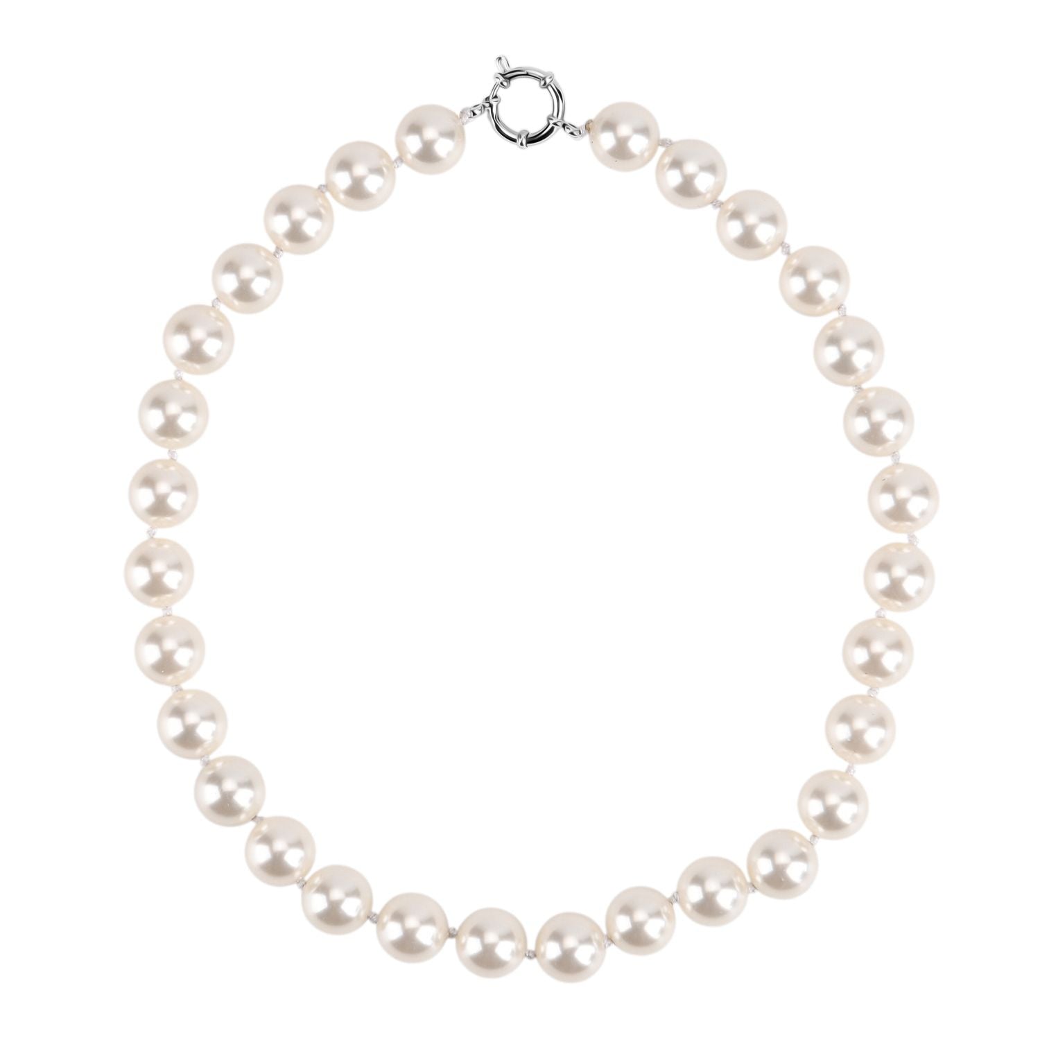 3er Set - Weiße Muschelkernperle (13-15 mm) Halskette ca. 50 cm, Armband-verstellbar, und Ohrringe Schmuckset, 316L Edelstahl