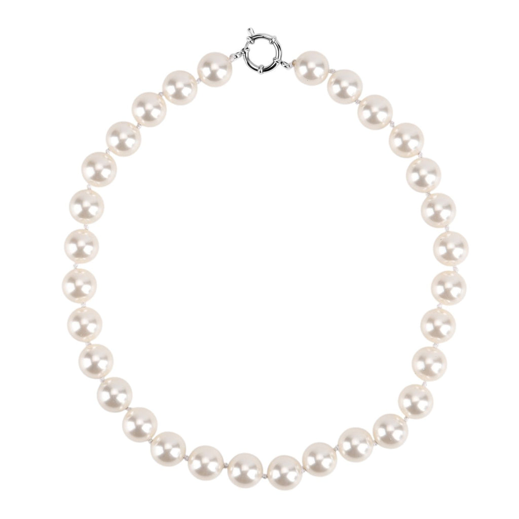 3er Set - Weiße Muschelkernperle (13-15 mm) Halskette ca. 50 cm, Armband-verstellbar, und Ohrringe Schmuckset, 316L Edelstahl