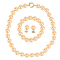 3er Set - Goldene Muschelkernperle (13-15 mm) Halskette ca. 50 cm, Armband-verstellbar, und Ohrringe Schmuckset, 316L Edelstahl