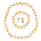 3er Set - Goldene Muschelkernperle (13-15 mm) Halskette ca. 50 cm, Armband-verstellbar, und Ohrringe Schmuckset, 316L Edelstahl