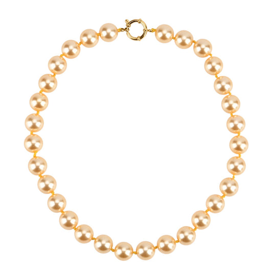 3er Set - Goldene Muschelkernperle (13-15 mm) Halskette ca. 50 cm, Armband-verstellbar, und Ohrringe Schmuckset, 316L Edelstahl