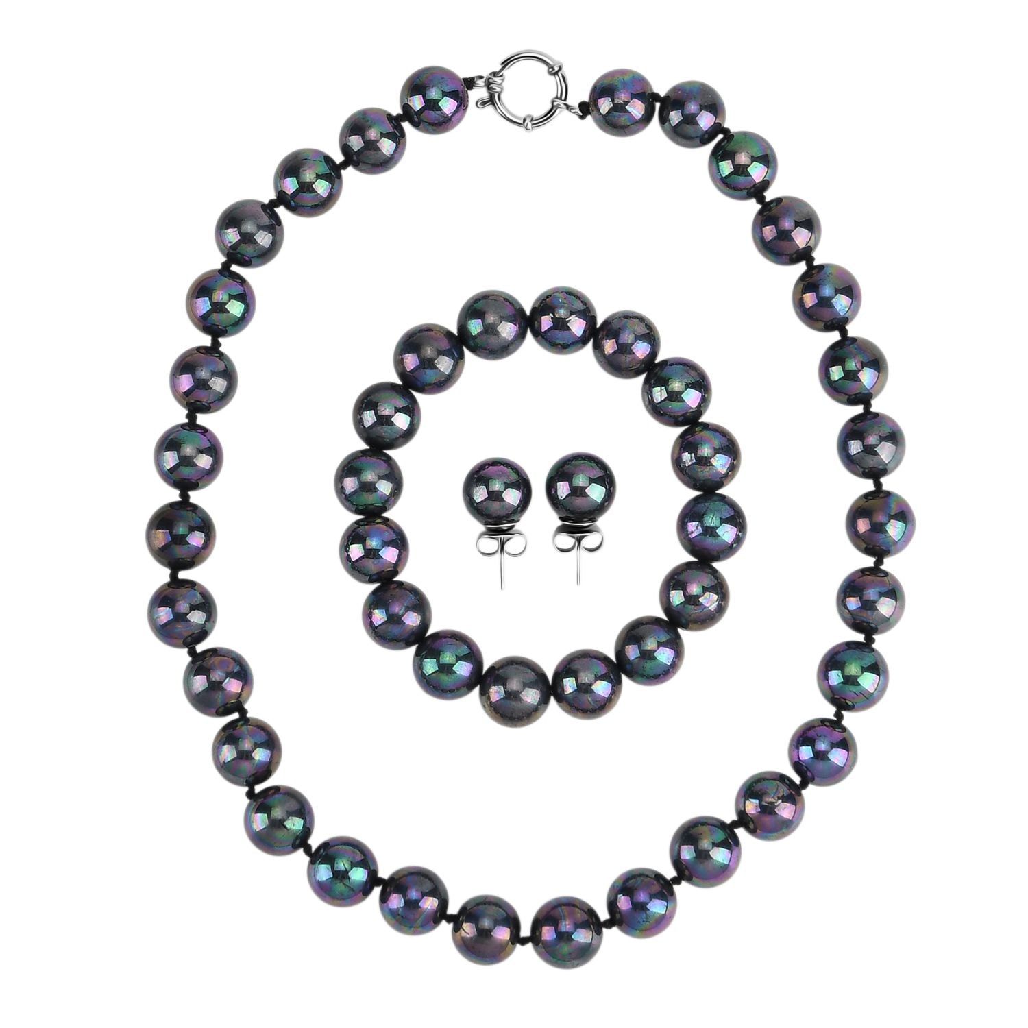 3er Set - Pfaufarbene Muschelkernperle (13-15 mm) Halskette ca. 50 cm, Armband-verstellbar, und Ohrringe Schmuckset, 316L Edelstahl