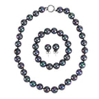 3er Set - Pfaufarbene Muschelkernperle (13-15 mm) Halskette ca. 50 cm, Armband-verstellbar, und Ohrringe Schmuckset, 316L Edelstahl