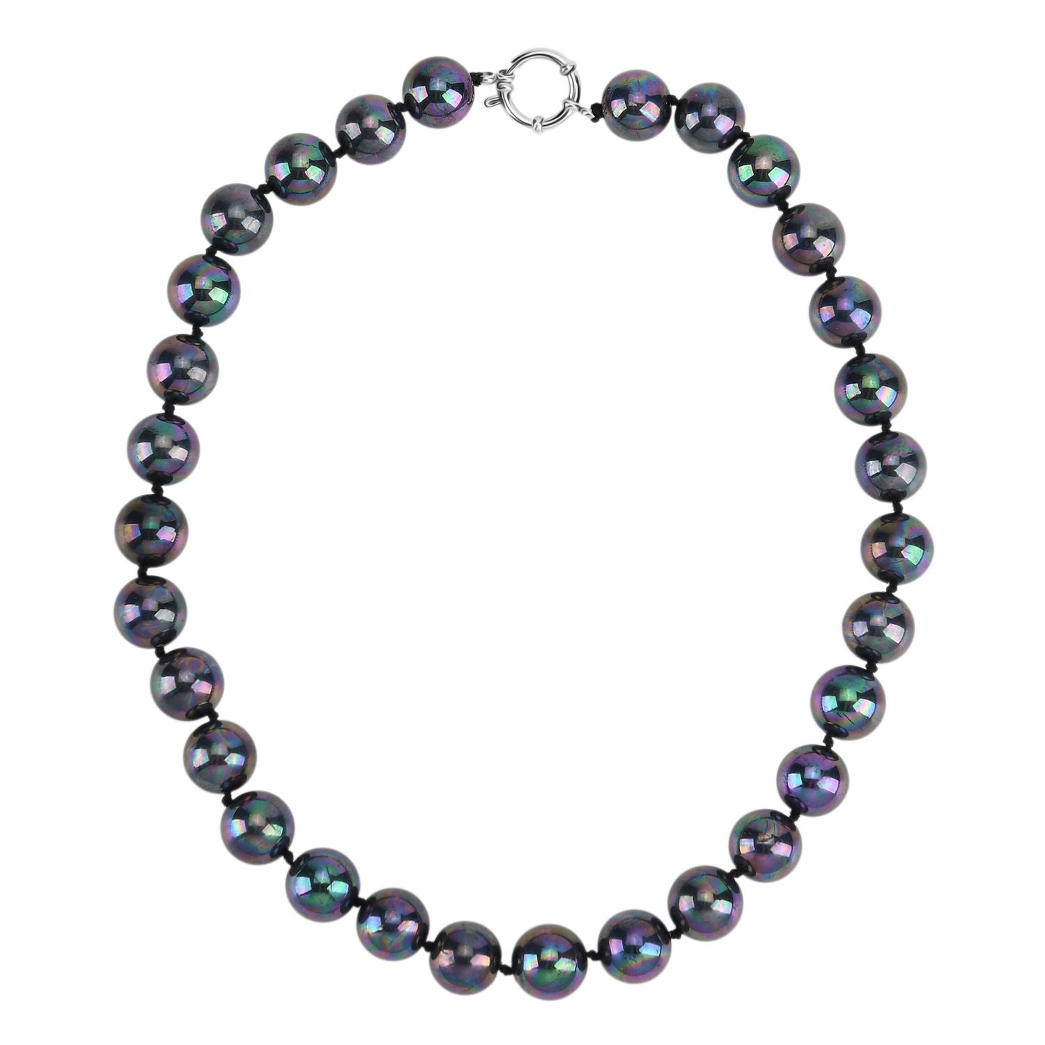 3er Set - Pfaufarbene Muschelkernperle (13-15 mm) Halskette ca. 50 cm, Armband-verstellbar, und Ohrringe Schmuckset, 316L Edelstahl