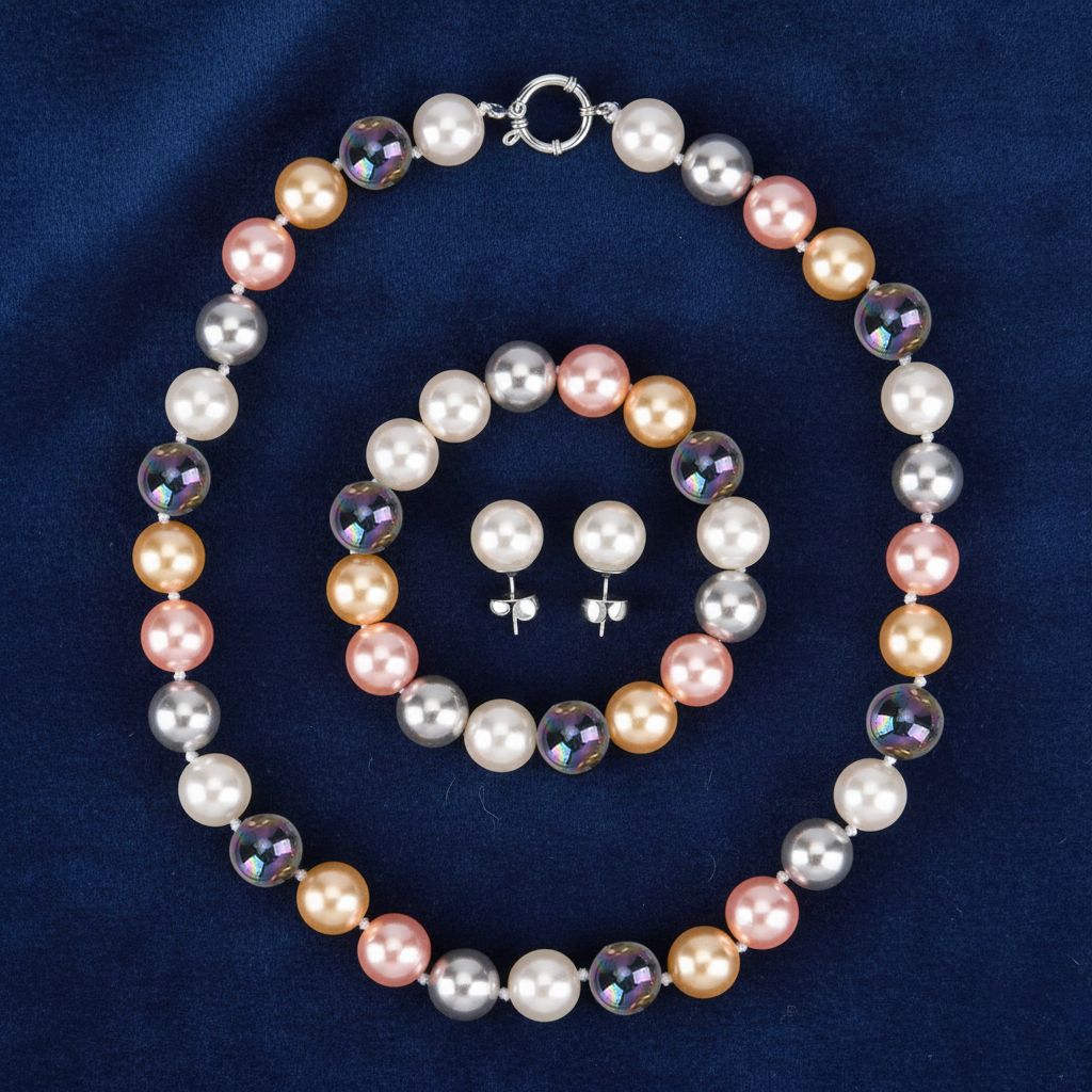 3er Set - Mehrfarbige Muschelkernperle (13-15 mm) Halskette ca. 50 cm, Armband-verstellbar, und Ohrringe Schmuckset, 316L Edelstahl