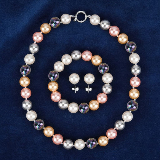 3er Set - Mehrfarbige Muschelkernperle (13-15 mm) Halskette ca. 50 cm, Armband-verstellbar, und Ohrringe Schmuckset, 316L Edelstahl