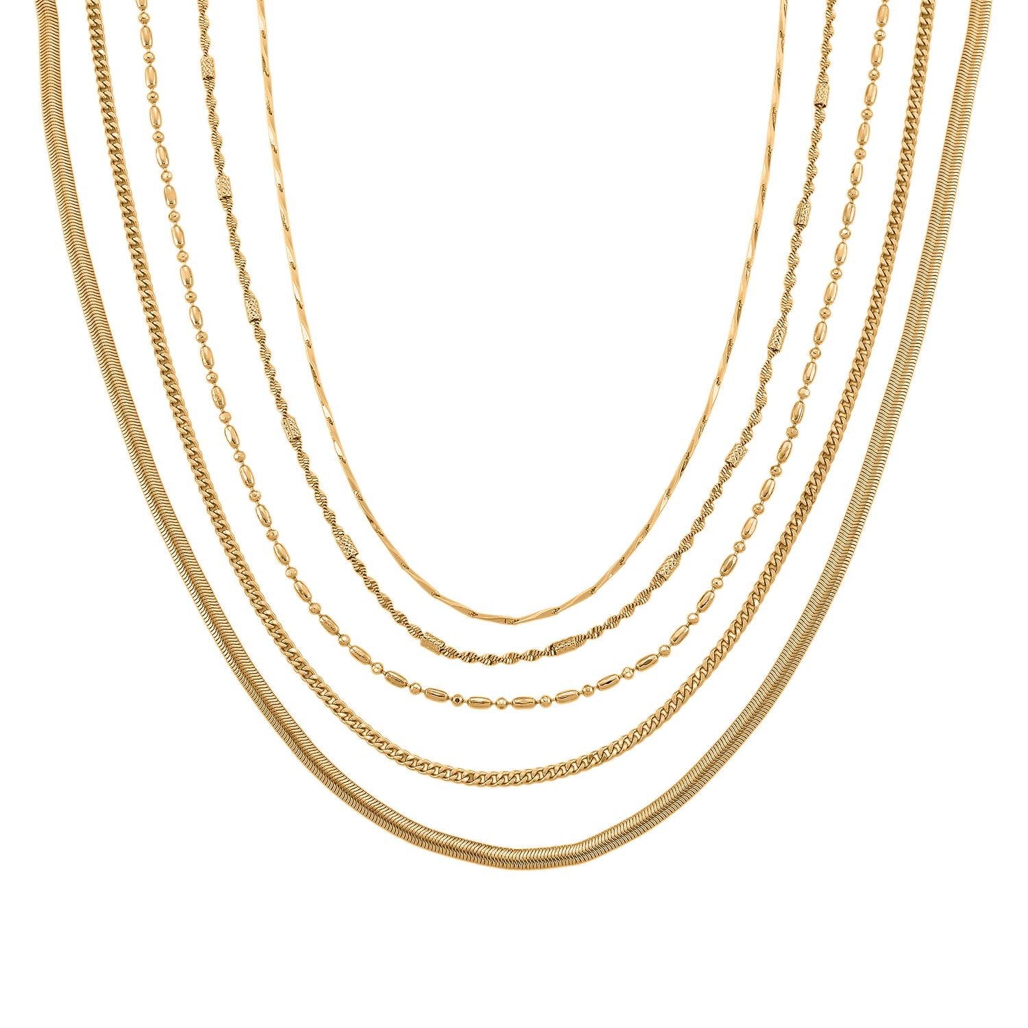 5er-Set Halsketten, ca. 45 cm + 5 cm Extender, Nickelfreies Messing Goldfarben
