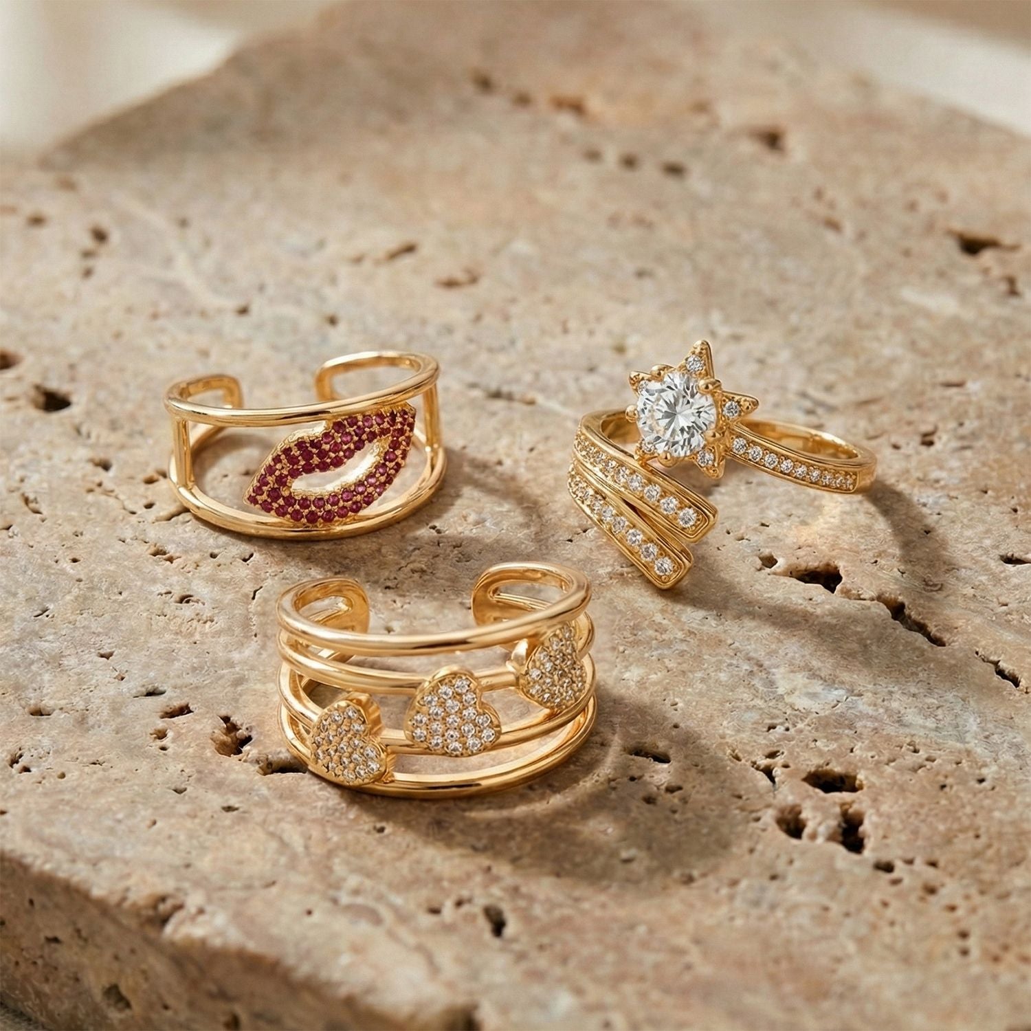 3er Set -Weißer Zirkonia Cuff-Ringe, vergoldet, Nickelfreies Messing (Größe 18.00)