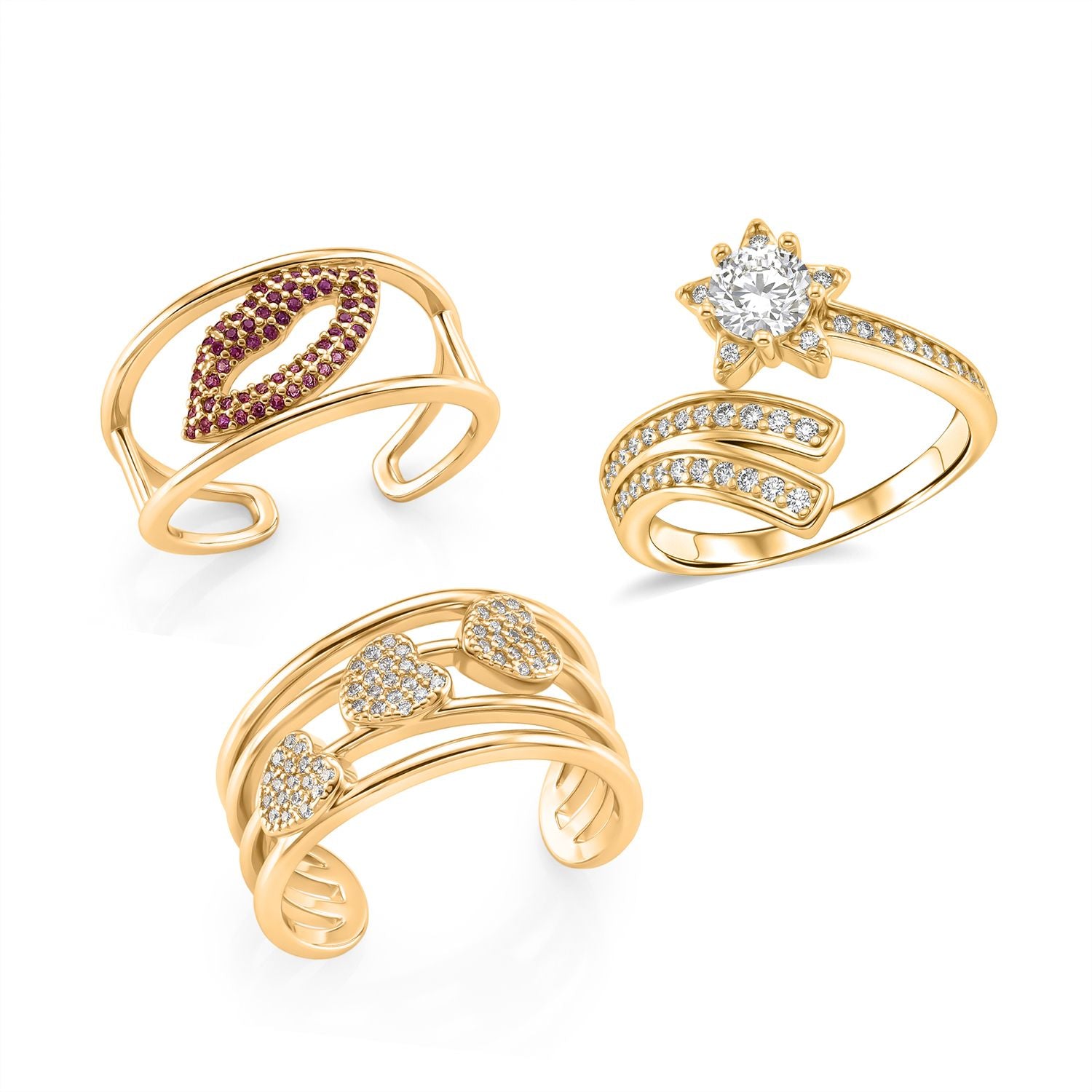 3er Set -Weißer Zirkonia Cuff-Ringe, vergoldet, Nickelfreies Messing (Größe 19.00)