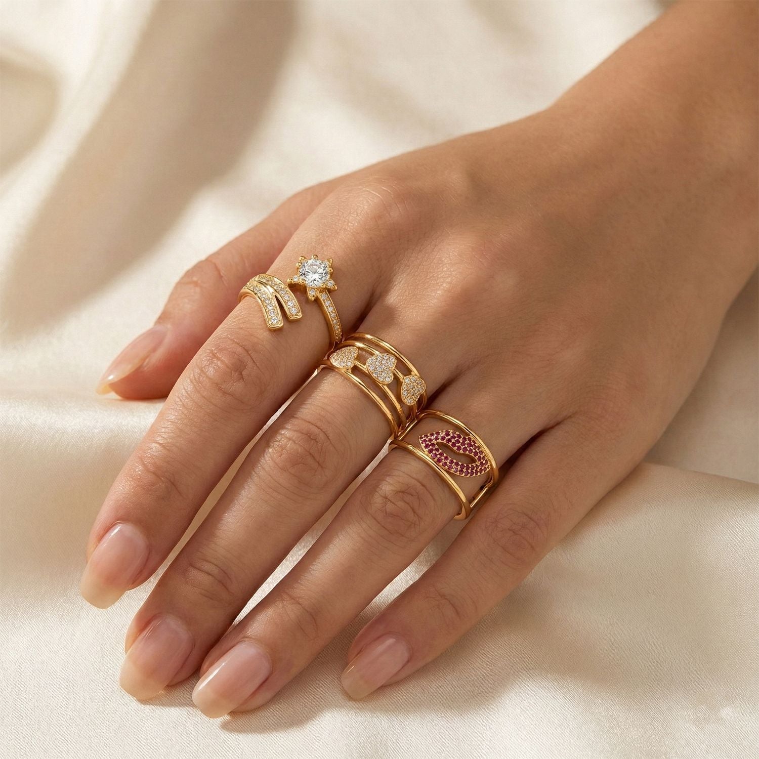 3er Set -Weißer Zirkonia Cuff-Ringe, vergoldet, Nickelfreies Messing (Größe 19.00)