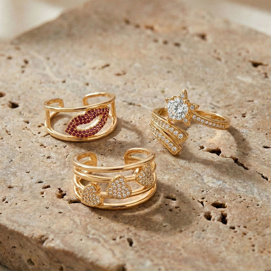 3er Set -Weißer Zirkonia Cuff-Ringe, vergoldet, Nickelfreies Messing (Größe 21.00)