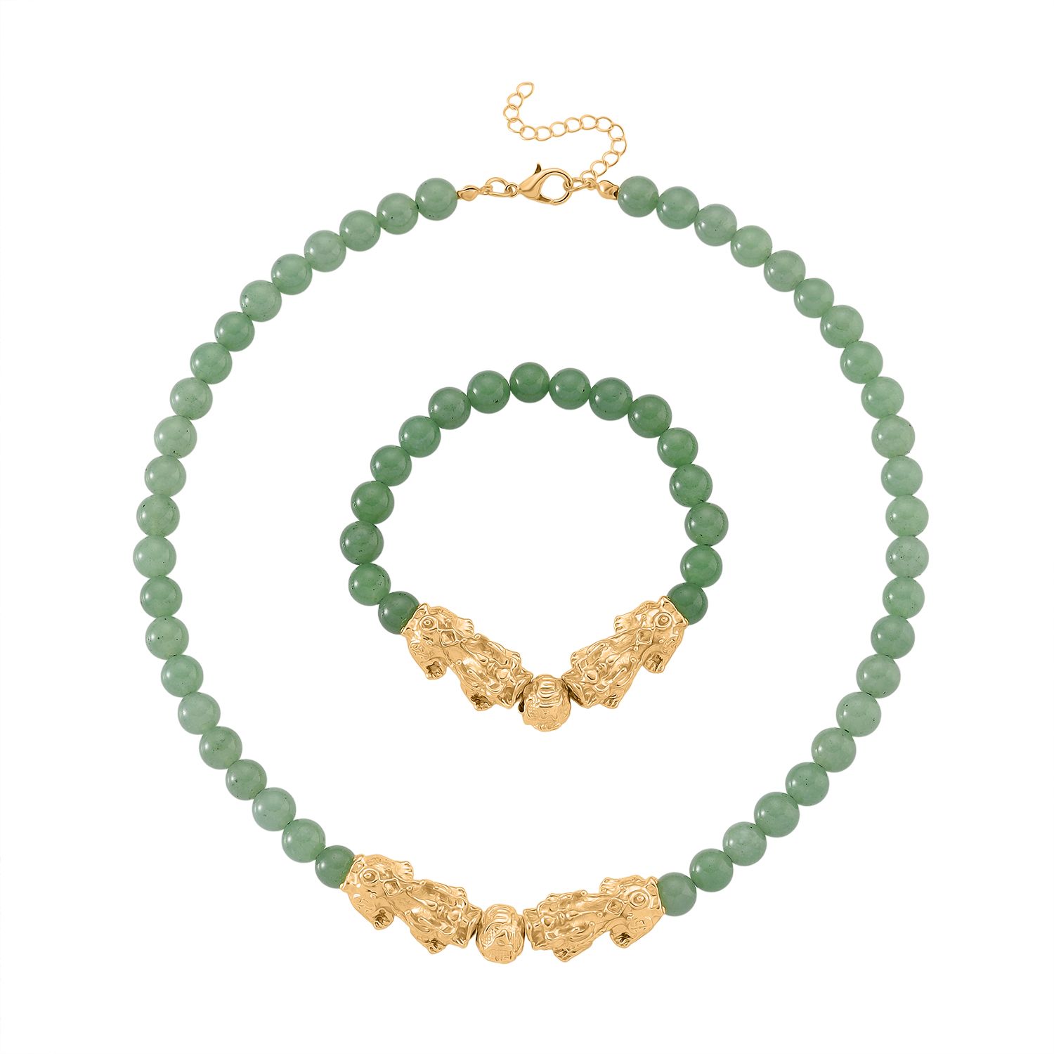 2er Set - Grüner Aventurin Halskette und Armband Legierung  gelb vergoldet ca. 430.00 ct