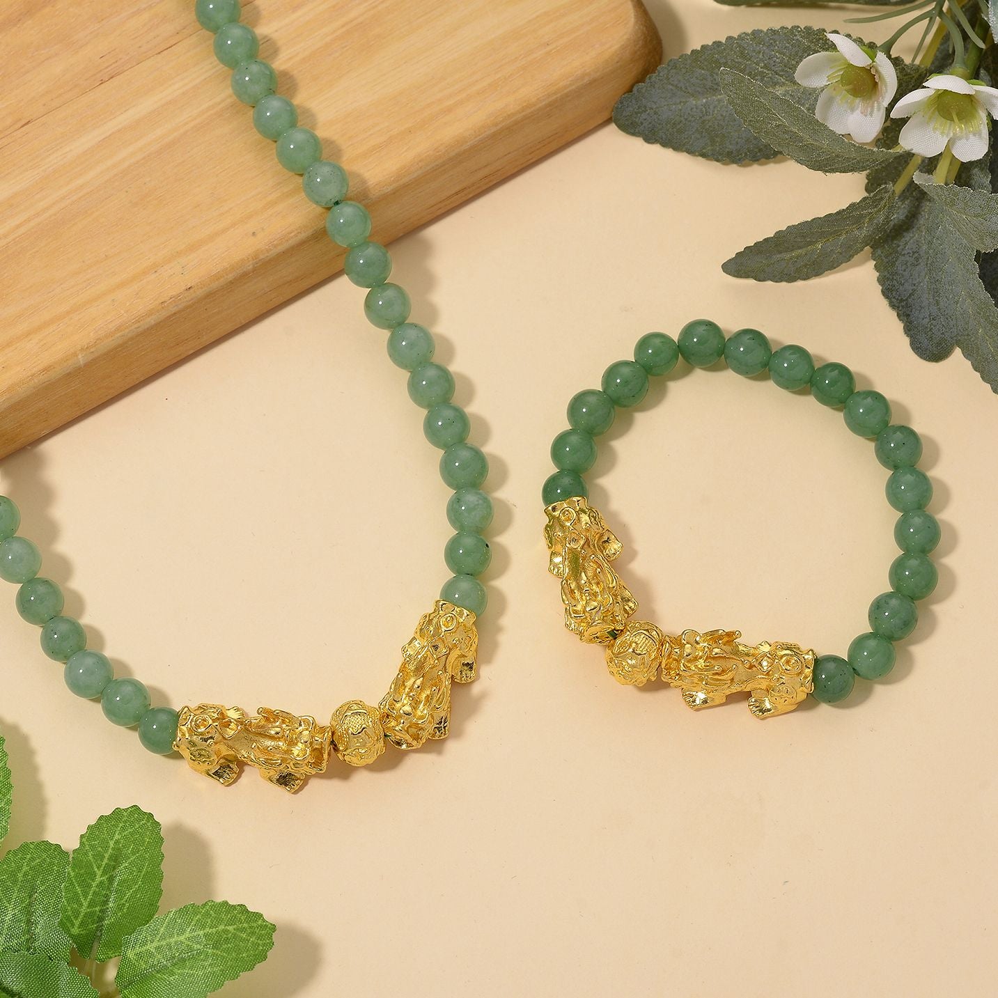 2er Set - Grüner Aventurin Halskette und Armband Legierung  gelb vergoldet ca. 430.00 ct