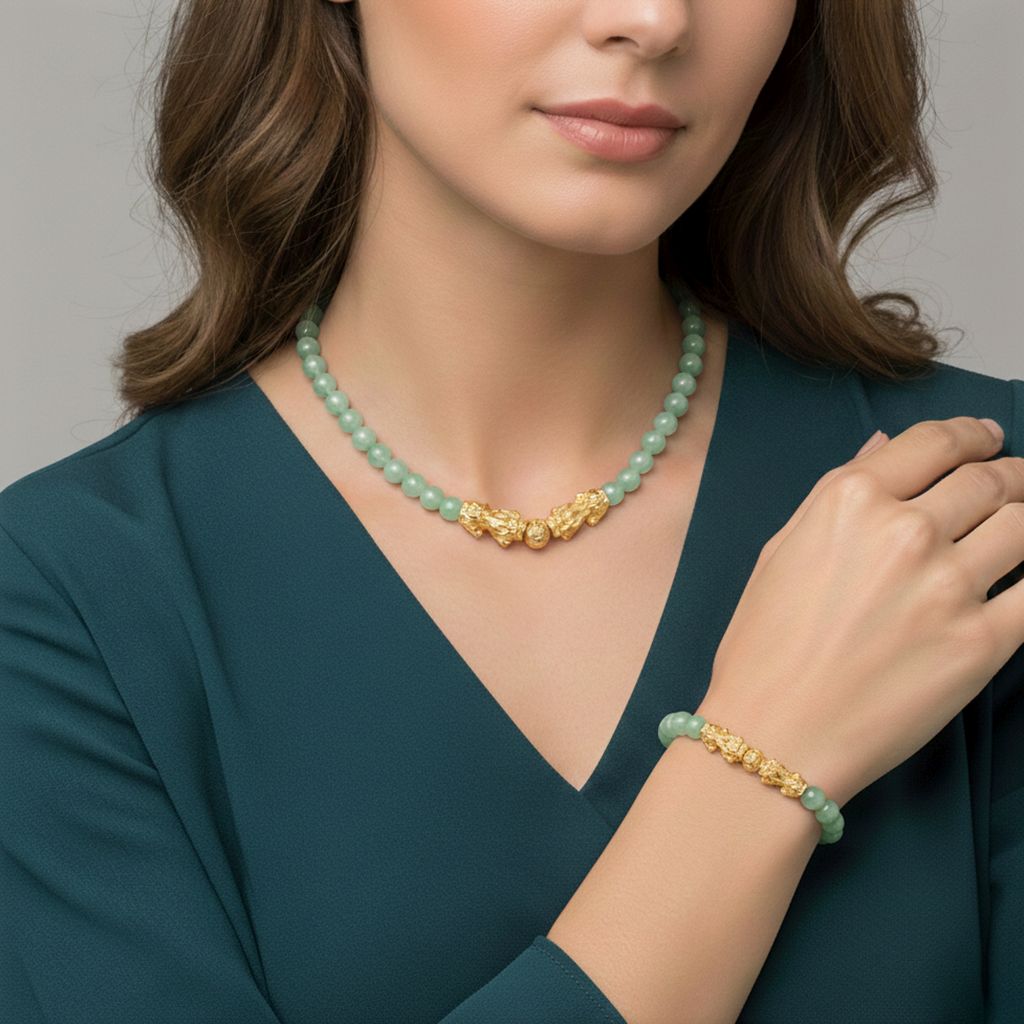 2er Set - Grüner Aventurin Halskette und Armband Legierung  gelb vergoldet ca. 430.00 ct