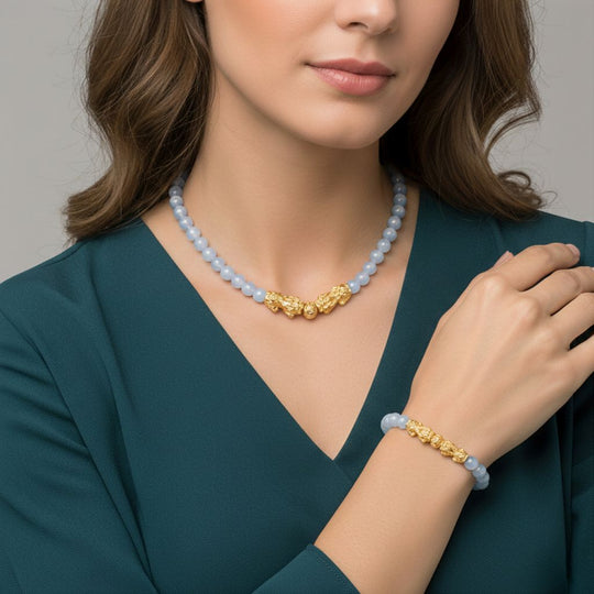 2er Set - Opalite Halskette und Armband Legierung gelb vergoldet ca. 430.00 ct
