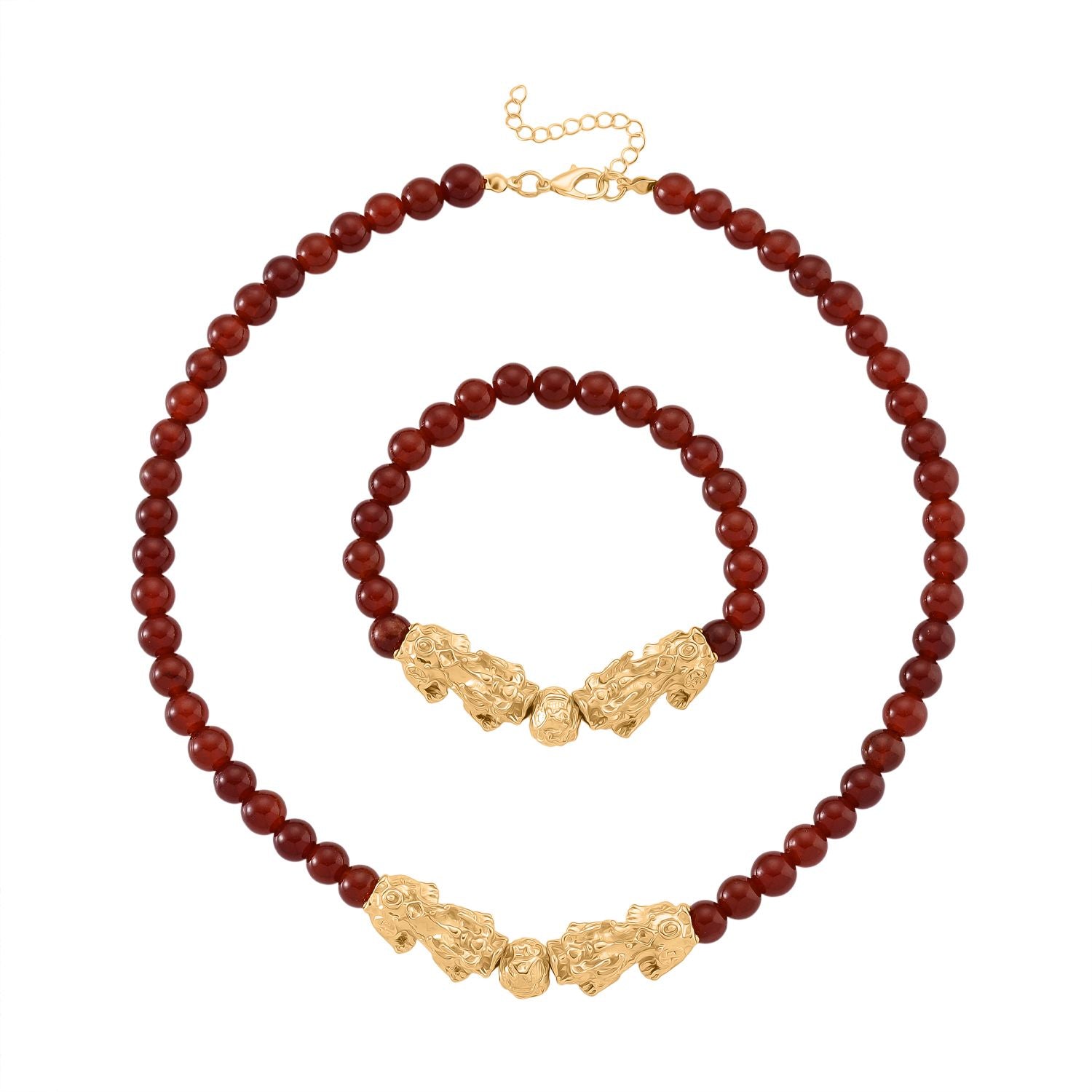 2er Set - Roter Achat Halskette und Armband Legierung gelb vergoldet ca. 430.00 ct