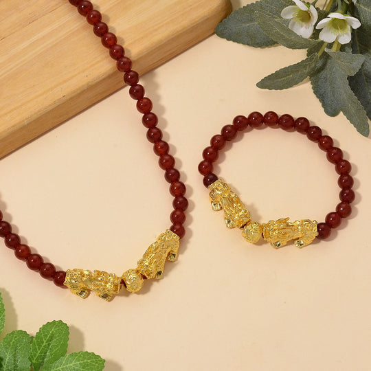 2er Set - Roter Achat Halskette und Armband Legierung gelb vergoldet ca. 430.00 ct
