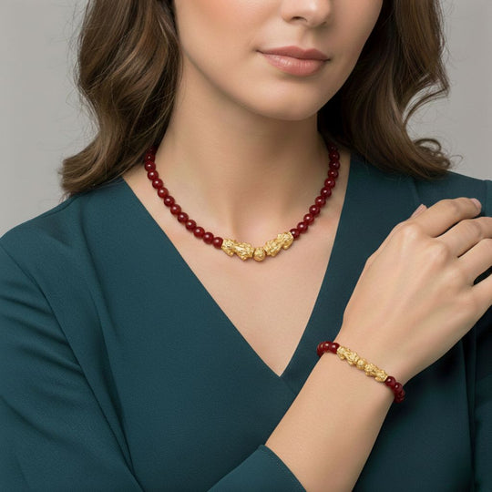 2er Set - Roter Achat Halskette und Armband Legierung gelb vergoldet ca. 430.00 ct