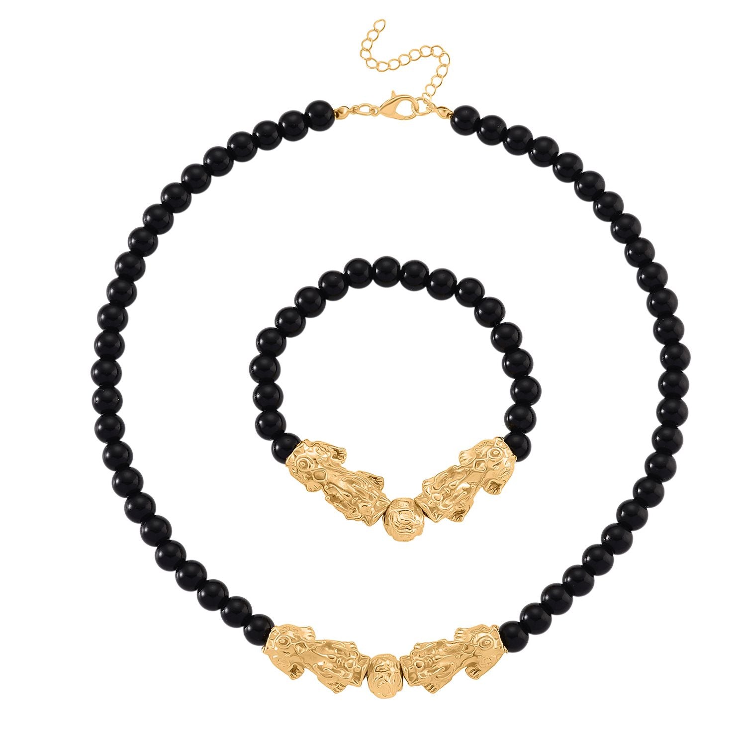 2er Set - Schwarzer Obsidian Halskette und Armband, Legierung gelb vergoldet ca. 430.00 ct