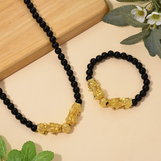 2er Set - Schwarzer Obsidian Halskette und Armband, Legierung gelb vergoldet ca. 430.00 ct