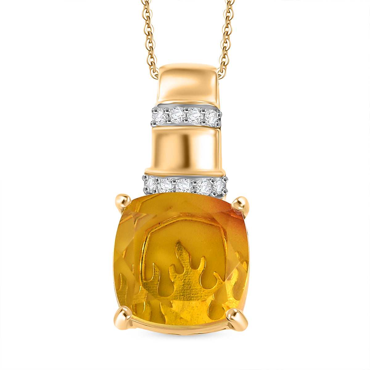 D'Joy - Feuerlinien-Design Sphaleros Quarz-Triplette, Weißer Zirkon Anhänger mit Kette, ca. 45 cm 925 Silber Gelbgold Vermeil ca. 8.94 ct