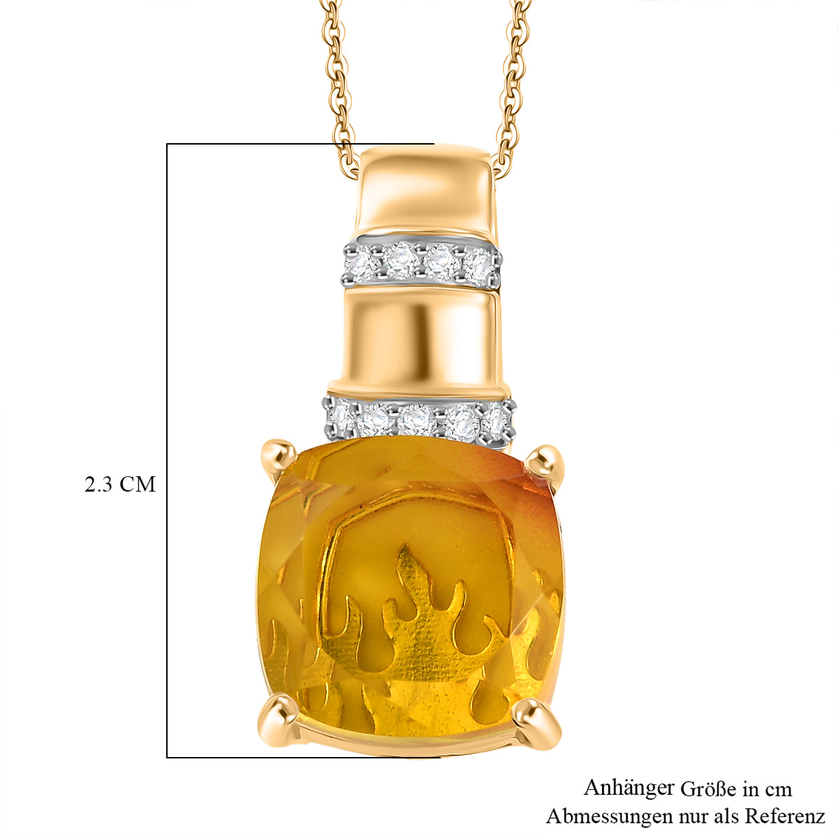 D'Joy - Feuerlinien-Design Sphaleros Quarz-Triplette, Weißer Zirkon Anhänger mit Kette, ca. 45 cm 925 Silber Gelbgold Vermeil ca. 8.94 ct