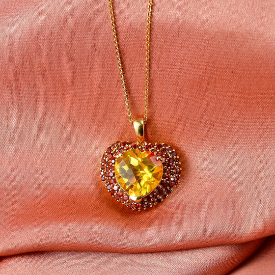 D'Joy - Sonnenfeuer-Herz-Design Sphaleros Quarz-Triplette, Mosambik Granat Anhänger mit Kette, ca. 50 cm 925 Silber 750 Gelbgold Vermeil ca. 7.98 ct