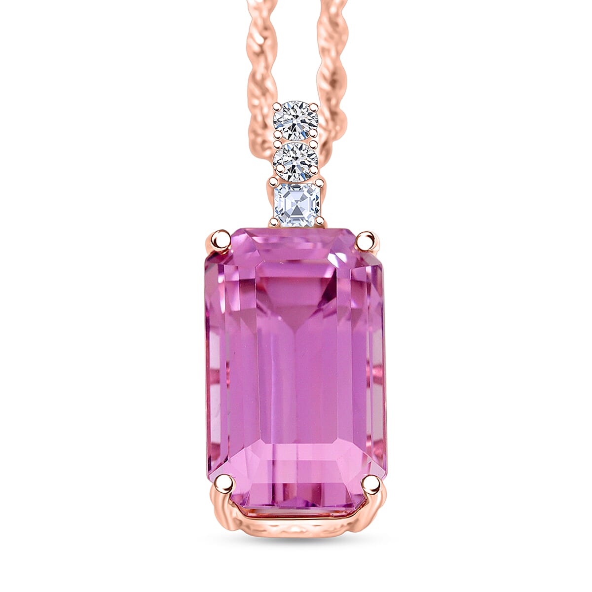 AAA Martha Rocha Kunzite, Lab Grown Diamant Anhänger mit Kette ca. 45 cm, AGI zertifiziert und geprüft, 417 Rosa Gold ca. 14.00 ct