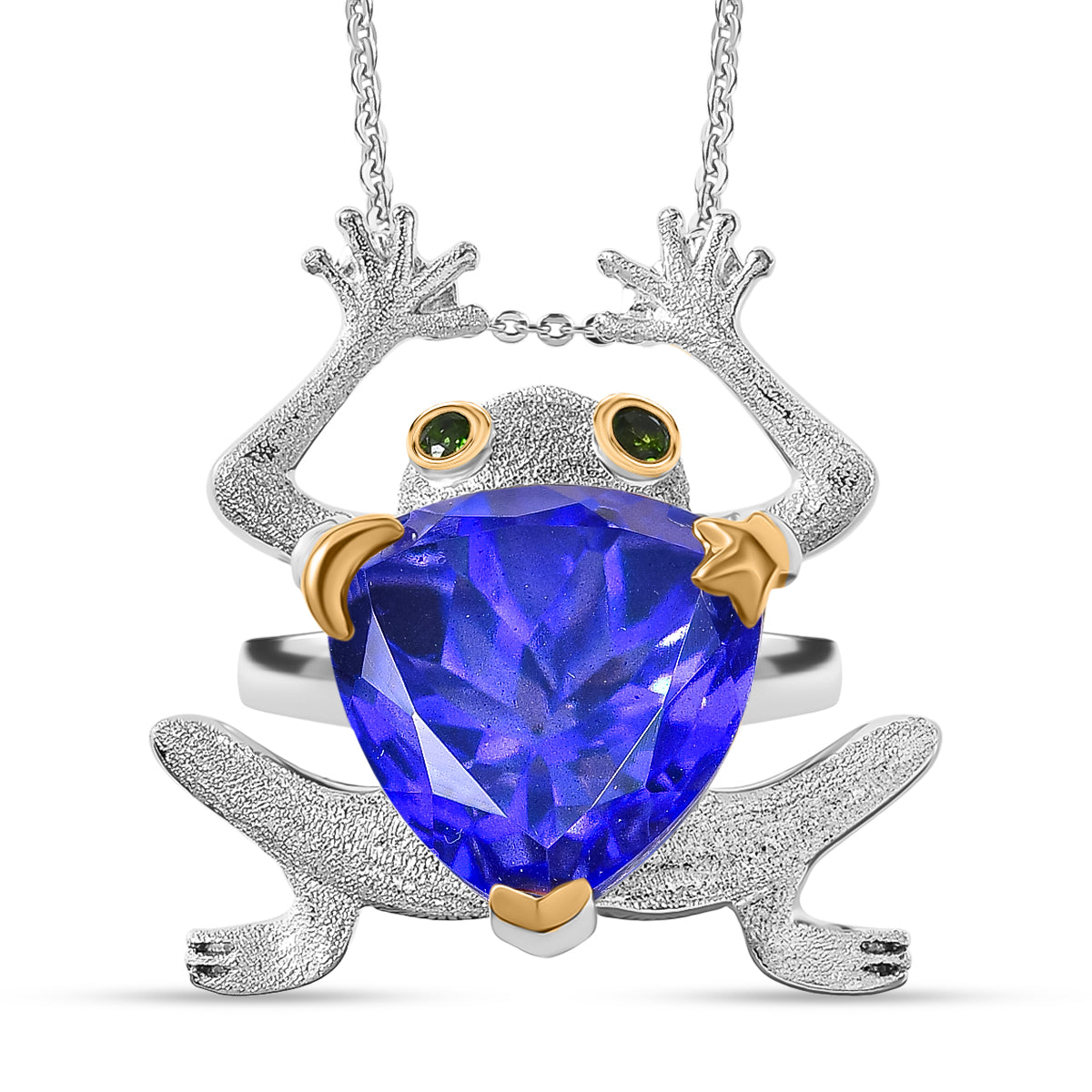 GP Trionfo Kollektion  - Tansanit-Farbe Quarz, Natürlicher Chromdiopsid Anhänger mit Kette, ca. 50 cm 925 Silber Rhodiniert und 750 Gelbgold Vermeil ca. 12.17 ct
