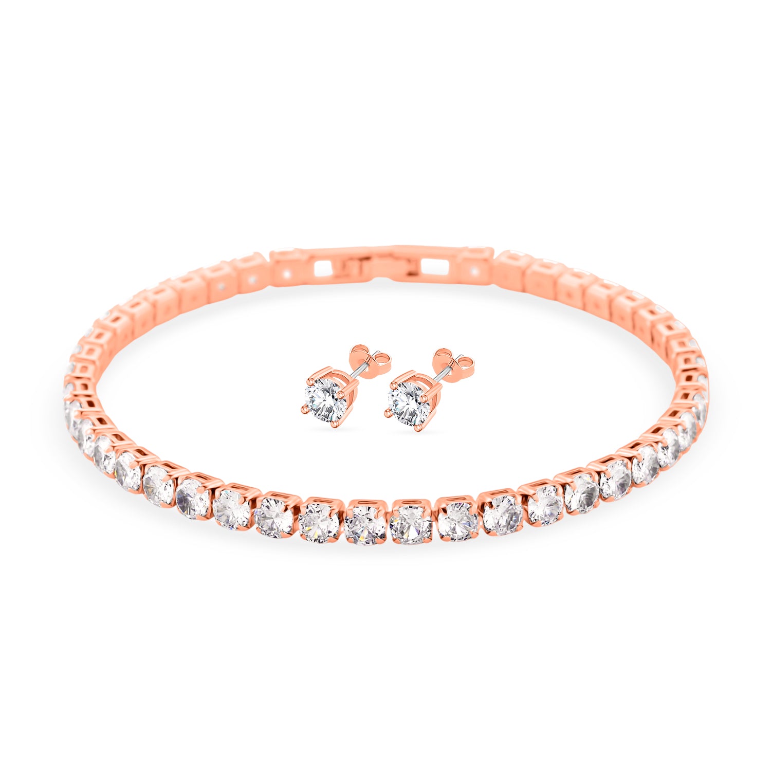 2er Set- Weißer Zirkonia Armband und Ohrringe, Nickelfreies Messing rosévergoldet