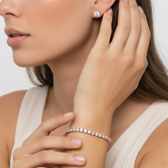 2er Set- Weißer Zirkonia Armband und Ohrringe, Nickelfreies Messing rosévergoldet
