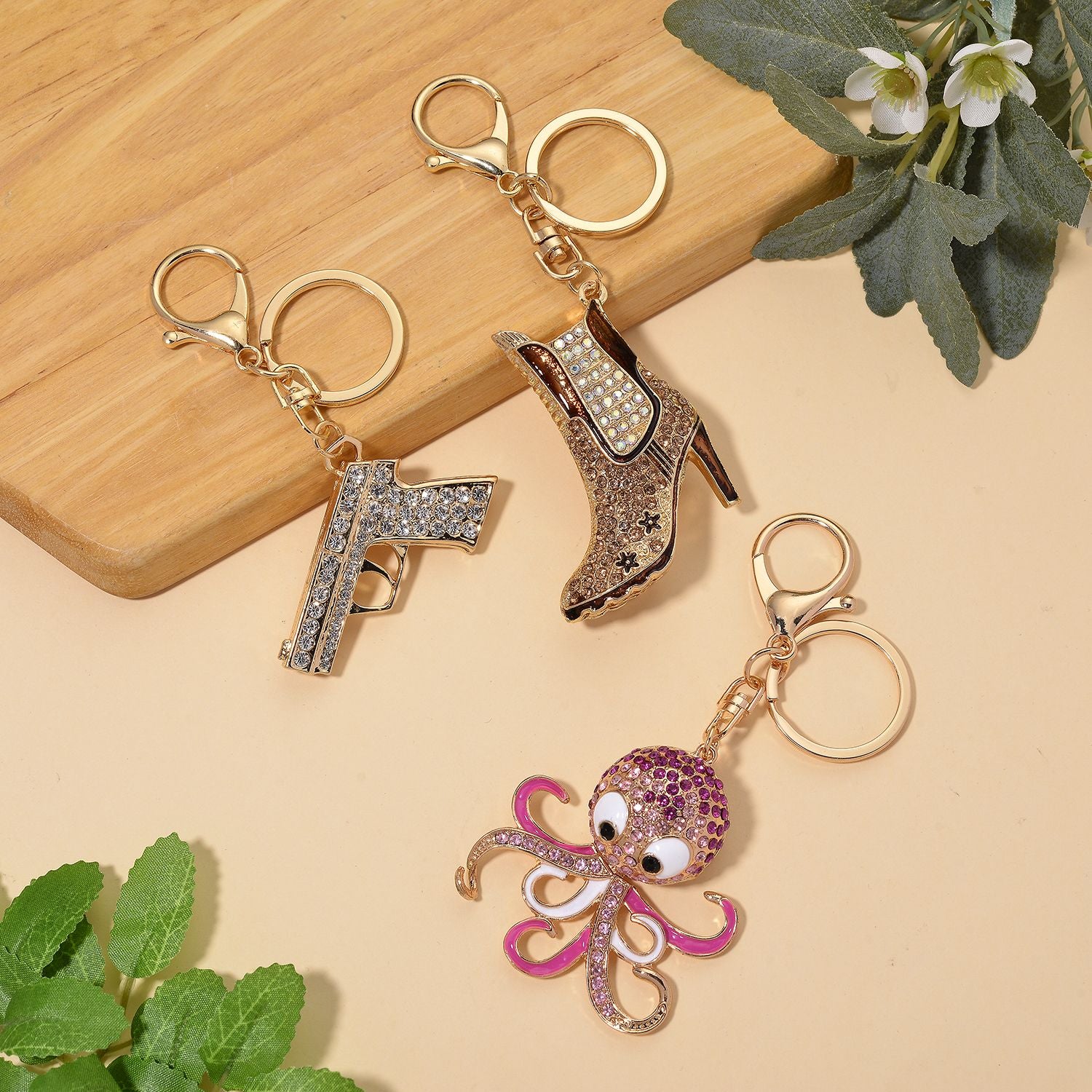 3er Set - Weißer Kristall Schmuckset Legierung emailliert, Legierung Gelb