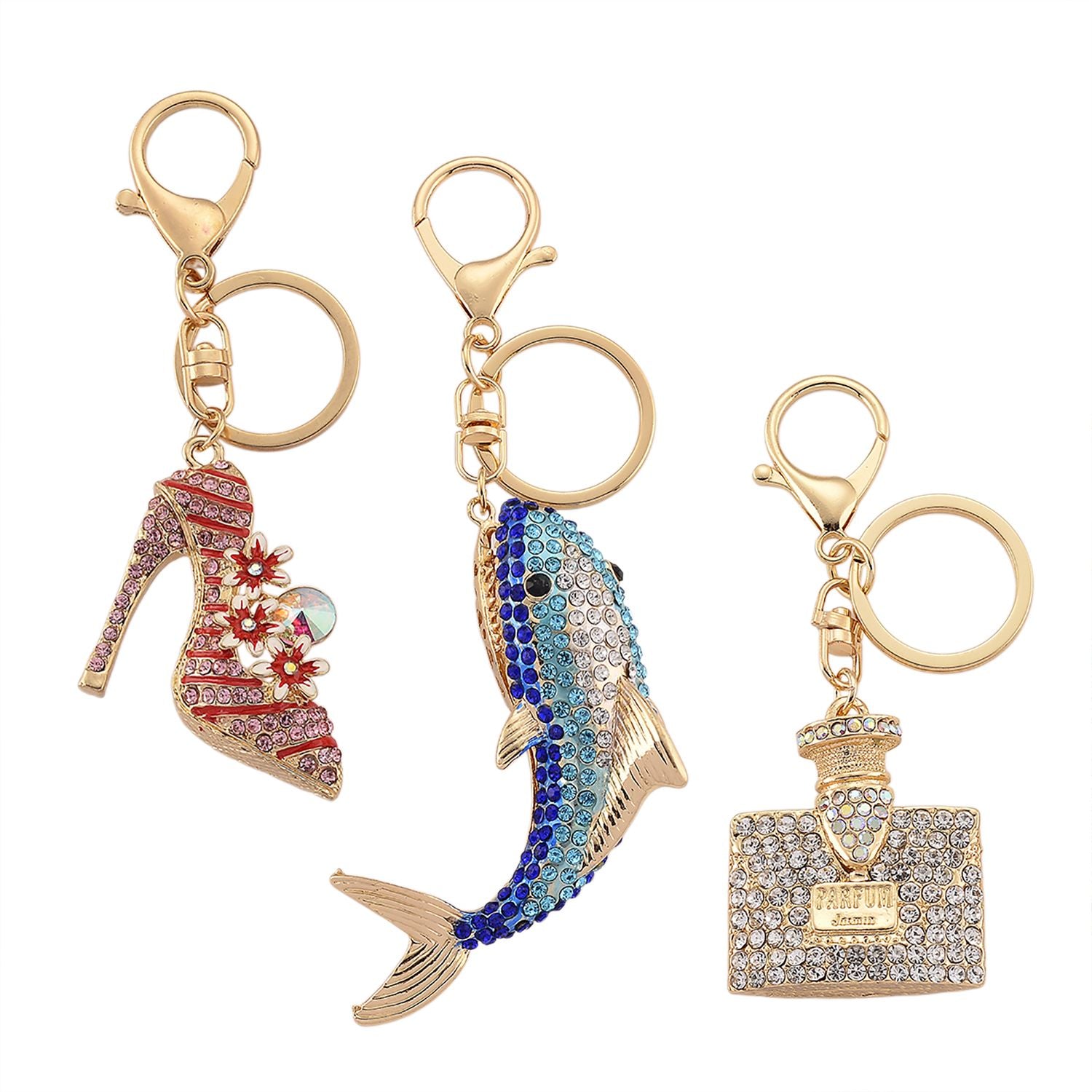 3er Set Fashion Schlüsselanhänger mit Kristallbesatz, emaillierte Legierung, Gelbgoldfarben