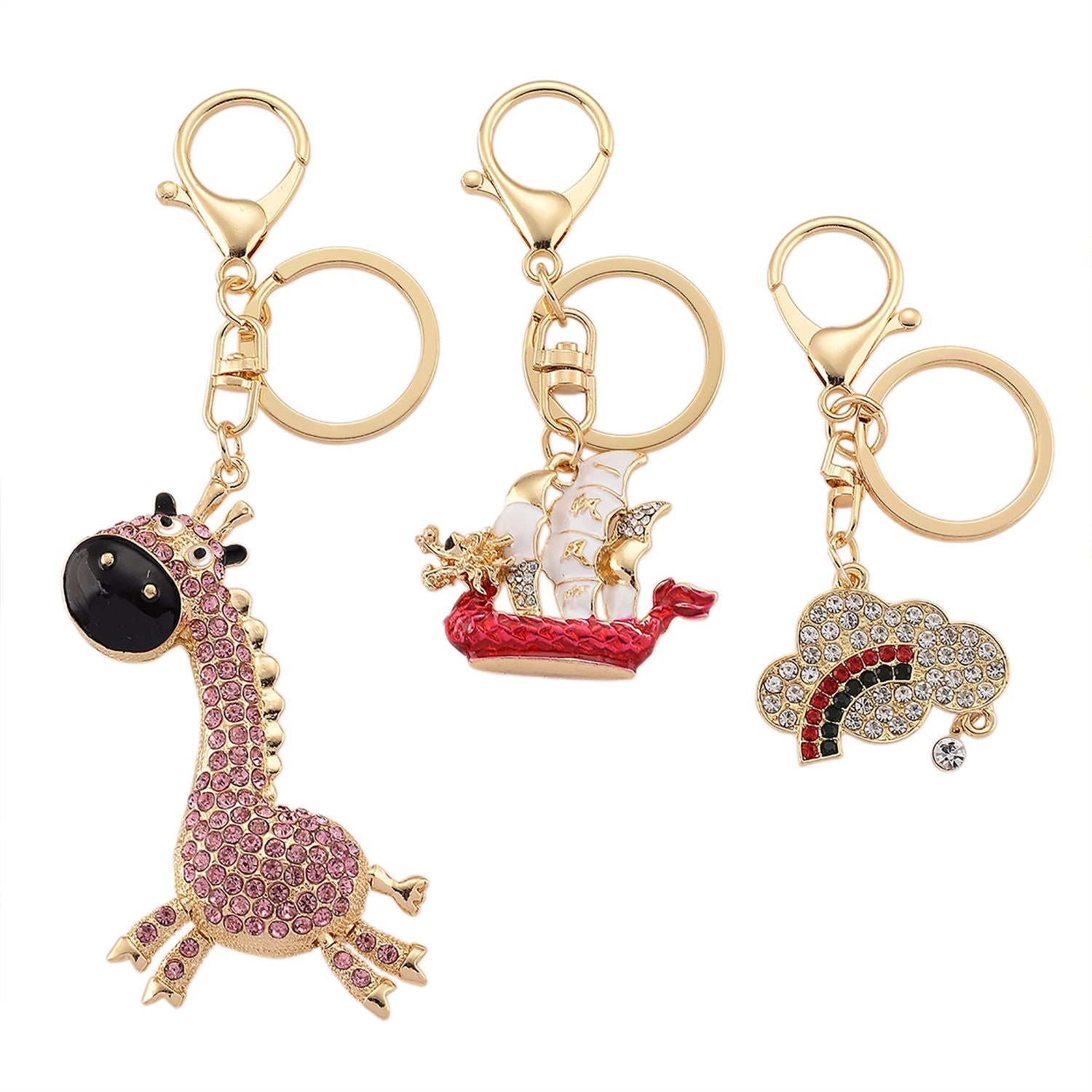 Weißer Kristall Schlüsselanhänger, emaillierte Legierung, goldfarben, Giraffe